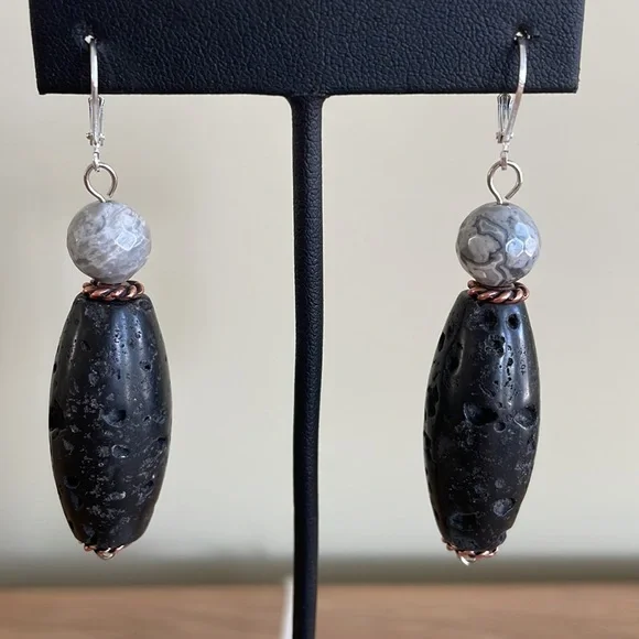 HAND CRAFTED EARRINGS Blackstone Gray Agate Copper Silver - Picture 5 of 12